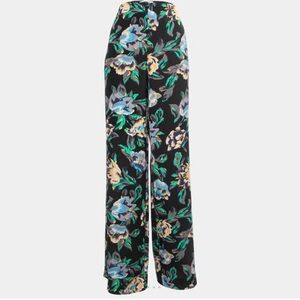 Floral Wide-Leg Pants - Black with Blue & Green Floral